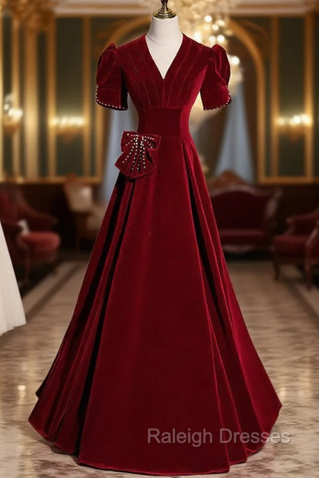 Burgundy Velvet V-neck Short Sleeve Prom Dress