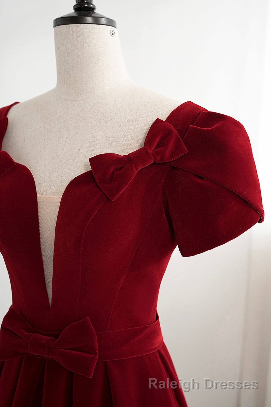 Burgundy Velvet Velvet Long Prom Dress, Cute Short Sleeve Party Dress Secondary image