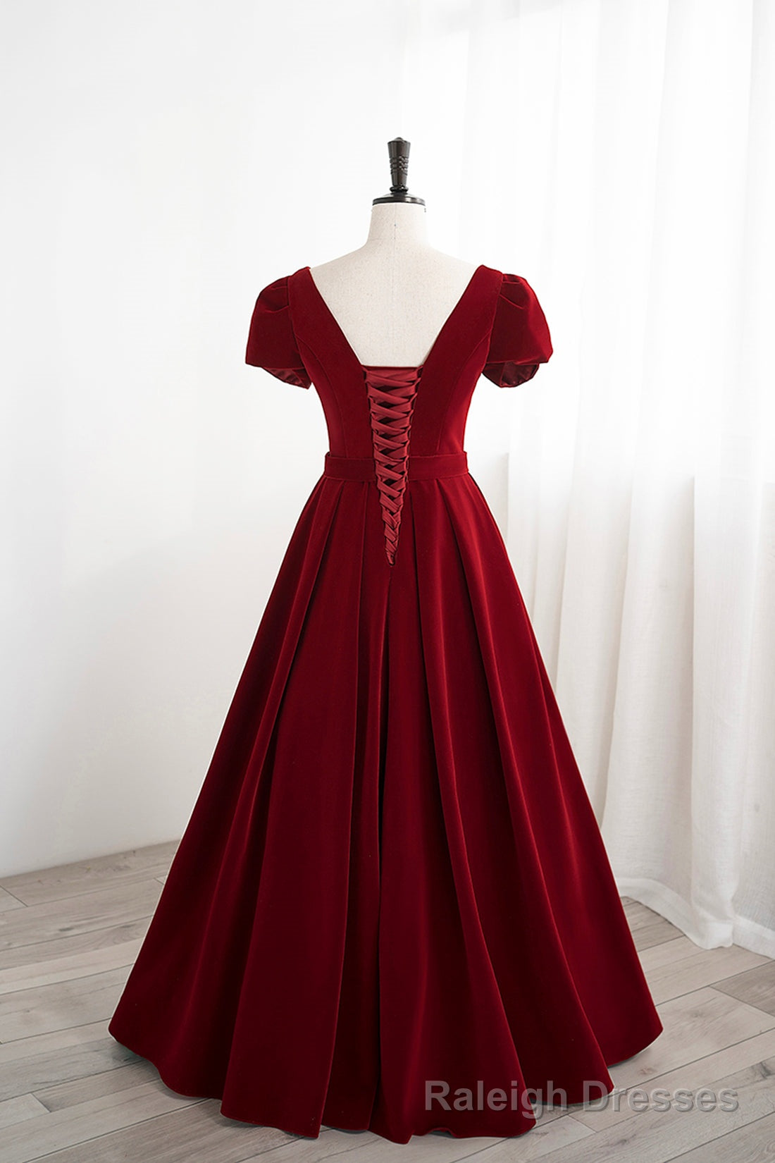 Burgundy Velvet Velvet Long Prom Dress, Cute Short Sleeve Party Dress Main image