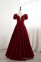 Burgundy Velvet Velvet Long Prom Dress, Cute Short Sleeve Prom Dress