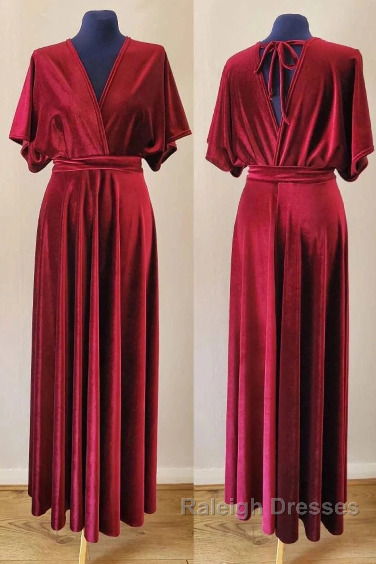 Burgundy Velvet Winter Prom Dress V-Neck Long Bridesmaid Dresses Secondary image