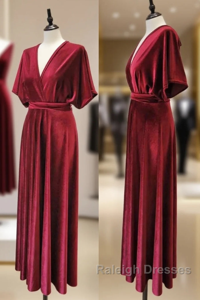 Burgundy Velvet Winter Prom Dress V-Neck Long Bridesmaid Dresses Main image