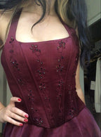 Burgundy Red Vintage Elegant Shiny Beaded Long Tulle Ball Gown Evening Dress Party Dress