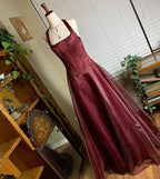 Burgundy Red Vintage Elegant Shiny Beaded Long Tulle Ball Gown Evening Dress Party Dress