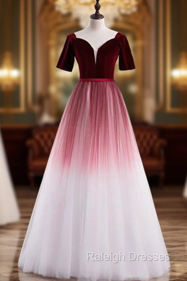 Burgundy White Tulle Velvet Short Sleeve Prom Dress