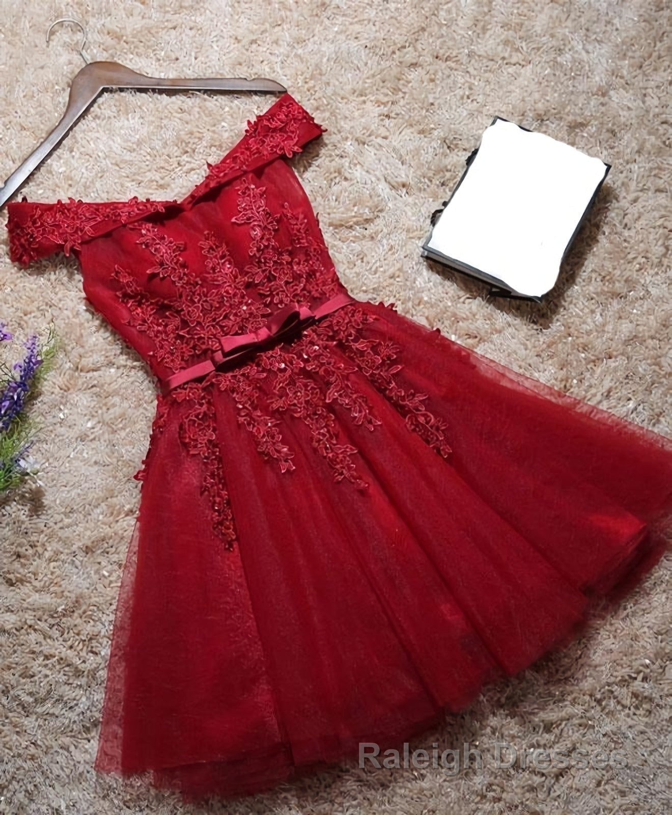 Burgundy Lace Off Shoulder Short Prom Dress, Lace Evening Dress Main image