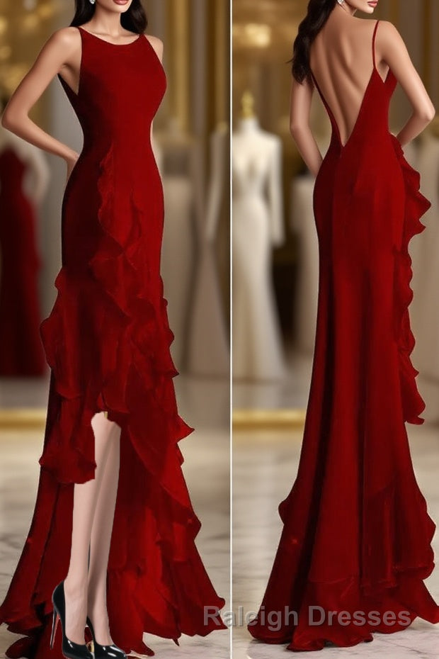 Simple Mermaid Prom Gown With Ruffles, Spaghetti Straps Backless Dress For Date Main image