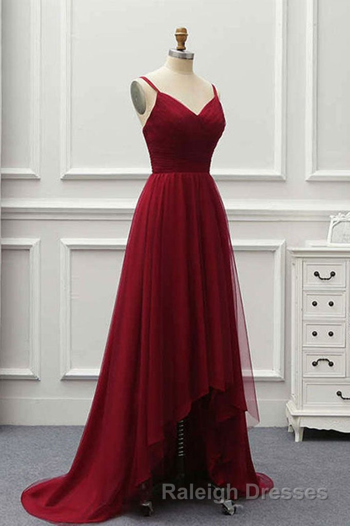 A Line High Low Tulle Prom Dresses with Train Burgundy V Neck Backless Prom Dresses