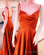 Burnt Orange Cowl Neck Satin Bridesmaid Dress With Straps