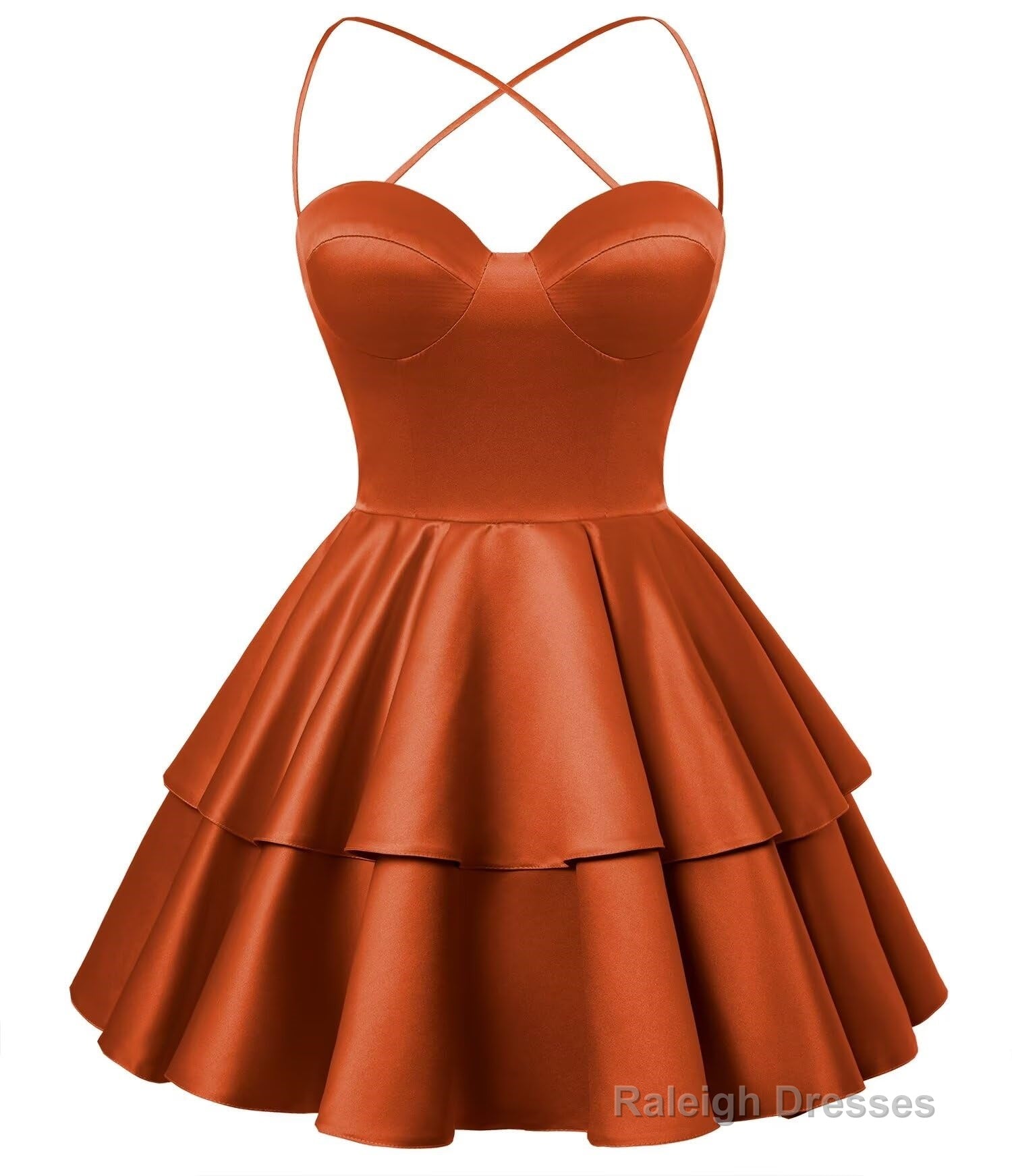 Burnt Orange Satin Homecoming Dress Sweetheart Neck Tiered Short Graduation Dresses Main image