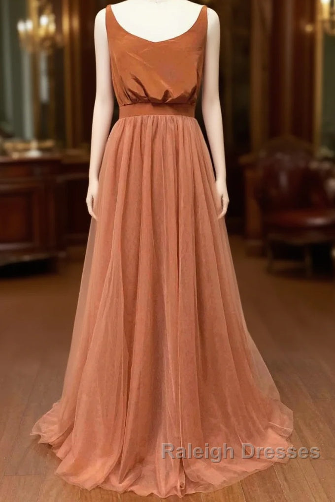 Burnt Orange Scoop Neck Satin Top Long Bridesmaid Dress Main image