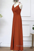 Burnt Orange Slit Bridesmaid Dress With Straps