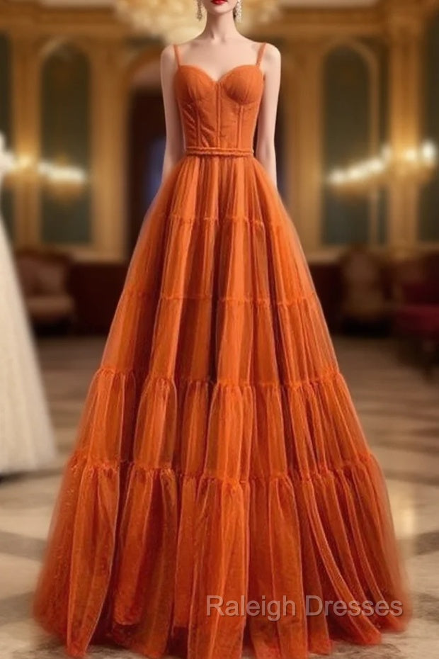 Burnt Orange Straps Tulle A-Line Long Prom Gown Formal Dress Main image