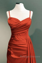 Burnt Orange Sweetheart Slit Satin Spaghetti Straps Dress