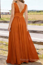 Burnt Orange V Neck Chiffon Floor Length Bridesmaid Dress Long Bridesmaid Dresses With Pleated Split