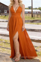 Burnt Orange V Neck Chiffon Floor Length Bridesmaid Dress Long Bridesmaid Dresses With Pleated Split