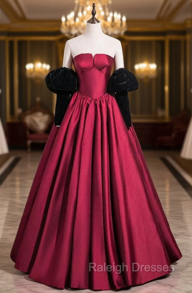 Burugndy Satin Strapless Black Velvet Long Sleeve Prom Dress