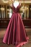 Burugndy Satin V-neck Beading Prom Dress