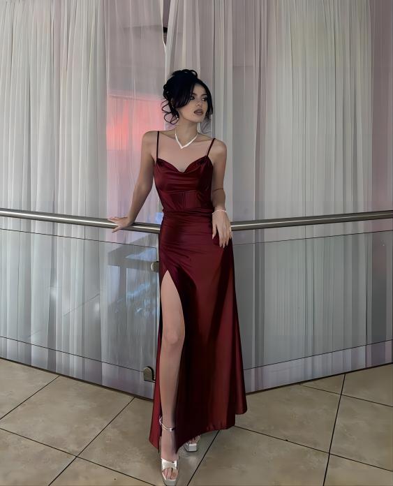 Burugndy Spaghetti Straps Prom Dresses Long With Side Slit