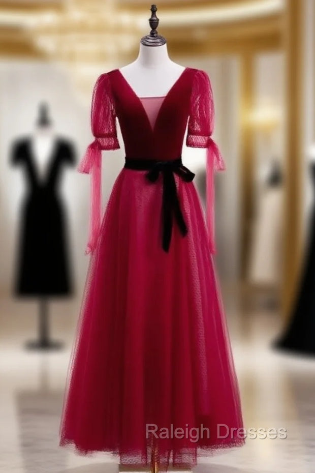 Burugndy Velvet Tulle Short Sleeve Prom Dress Main image