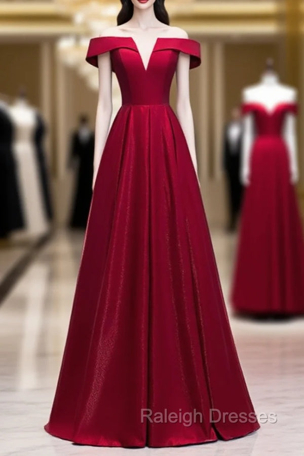 Buy Cheap Off The Shoulder Burgundy Satin Cut Out Prom Dress Under 119 Main image