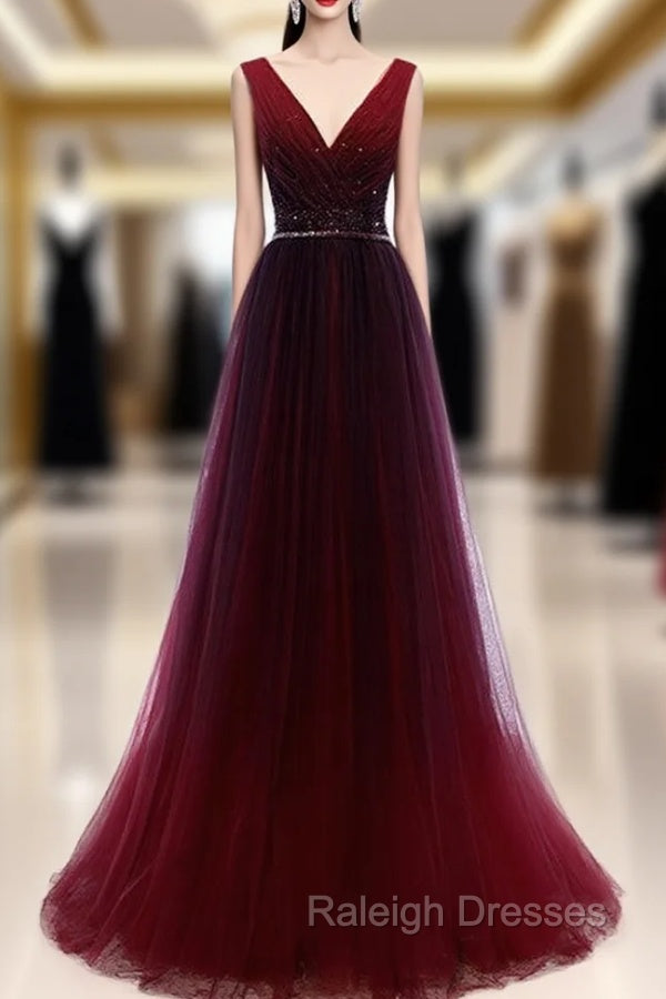 Buy Cheap Pleats Beading Burgundy V Neck Long A Line Tulle Prom Dress Under 120 Main image