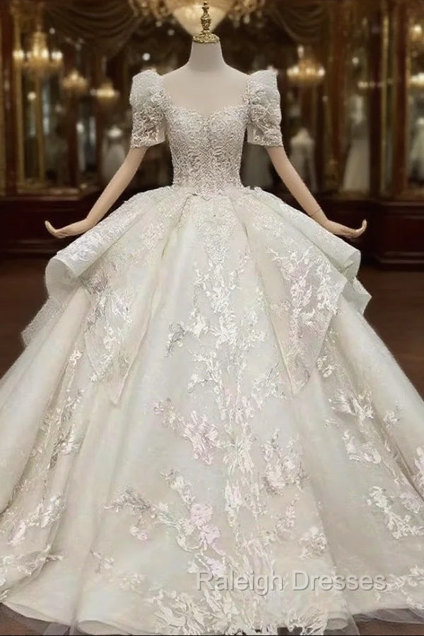 Buy More, Save More Ivory White Ball Gowns Tulle Lace Short Sleeve Appliques Beading Wedding Dress Main image