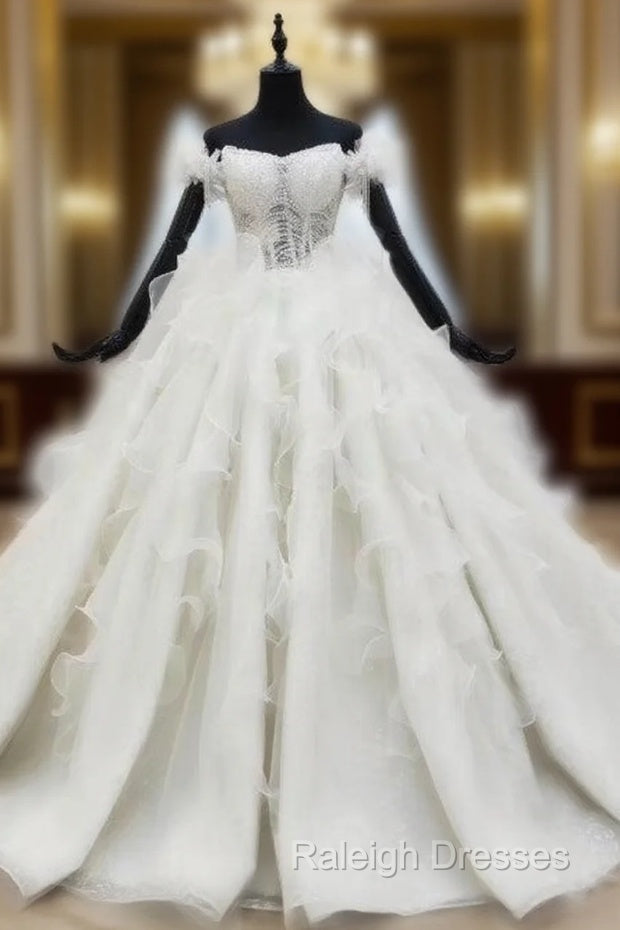 Buy More, Save More White Ball Gowns Tulle Sequins Off the Shoulder Beading Wedding Dress