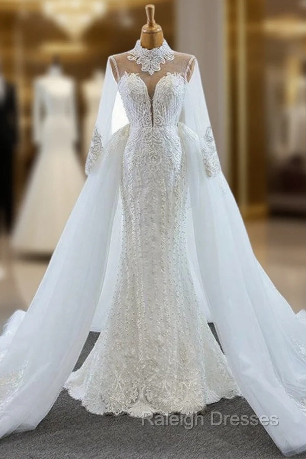 Buy More, Save More White Mrmaid Tulle High Neck Long Sleeve Pearls Wedding Dress With Removable Train Main image