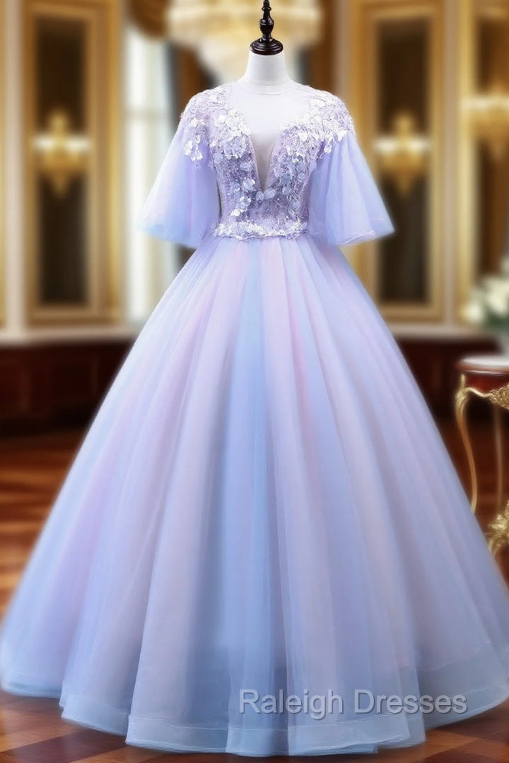 Buy The Newest Purple Ball Gown Tulle Backless See Through V-neck Appliques Quinceanera Dress Main image