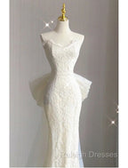 Buyishang Wedding Dresses A Line Notch lapel collar Long Sleeve Court Train Satin Bridal Gown With Solid Color