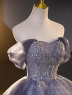 Buyishang Wedding Dresses Ball Gown Off Shoulder Short Sleeve Floor Length Organza Bridal Gowns With Beading