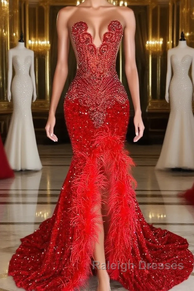 Mermaid Prom Dress with Sequins Sleeveless Split Beadings and Feather Embellishments