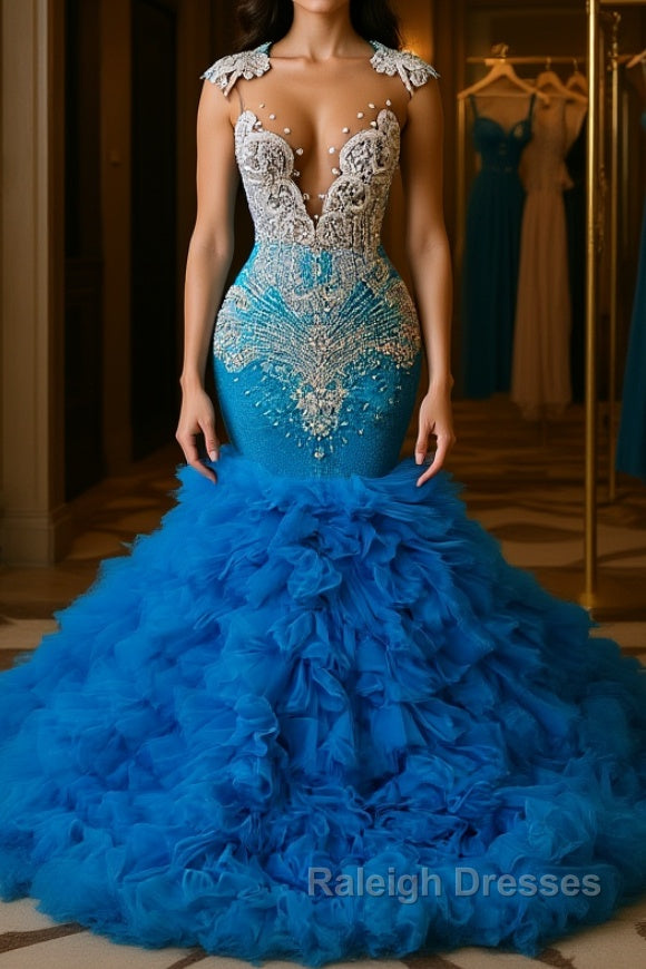 Ocean Blue Mermaid Tulle Ruffle Prom Dress Long With Beadings Main image