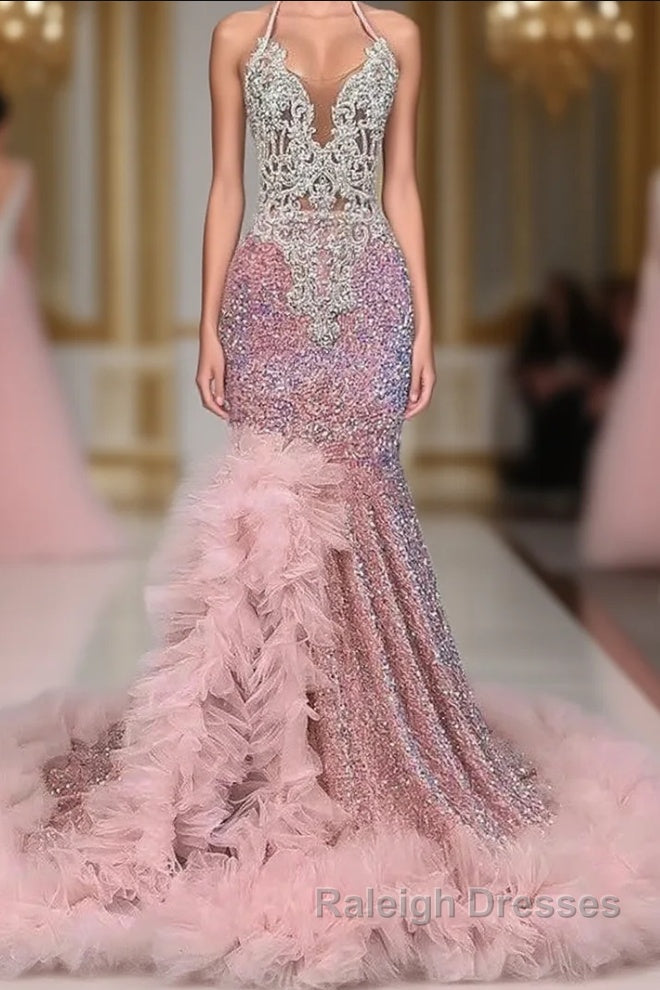 Pink Halter Mermaid Prom Dress with Sequins Beadings and Tulle Ruffle Main image