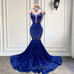 Sequins Royal Blue Sleeveless Mermaid Prom Dress