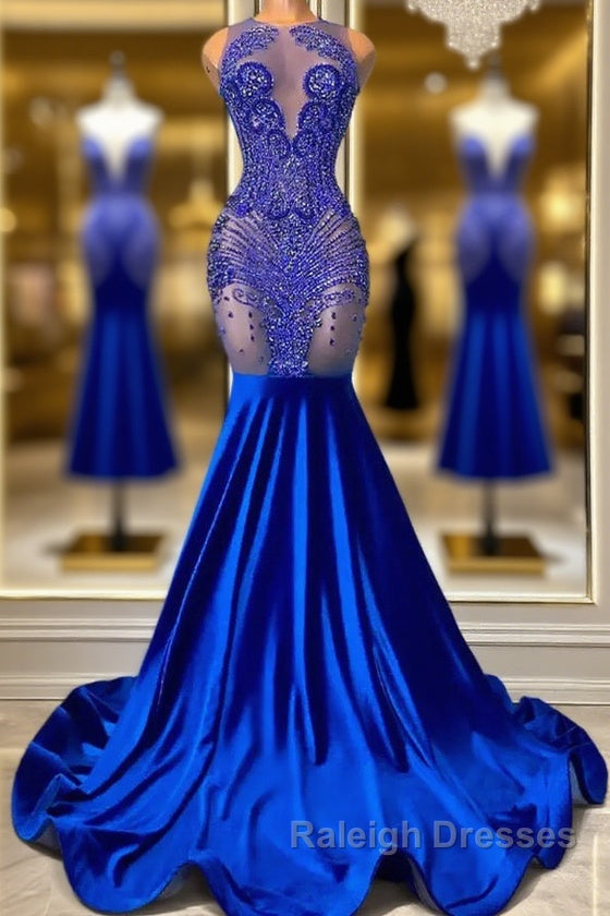 Sleeveless Royal Blue Scoop Neck Mermaid Prom Dresses with Beadings Main image