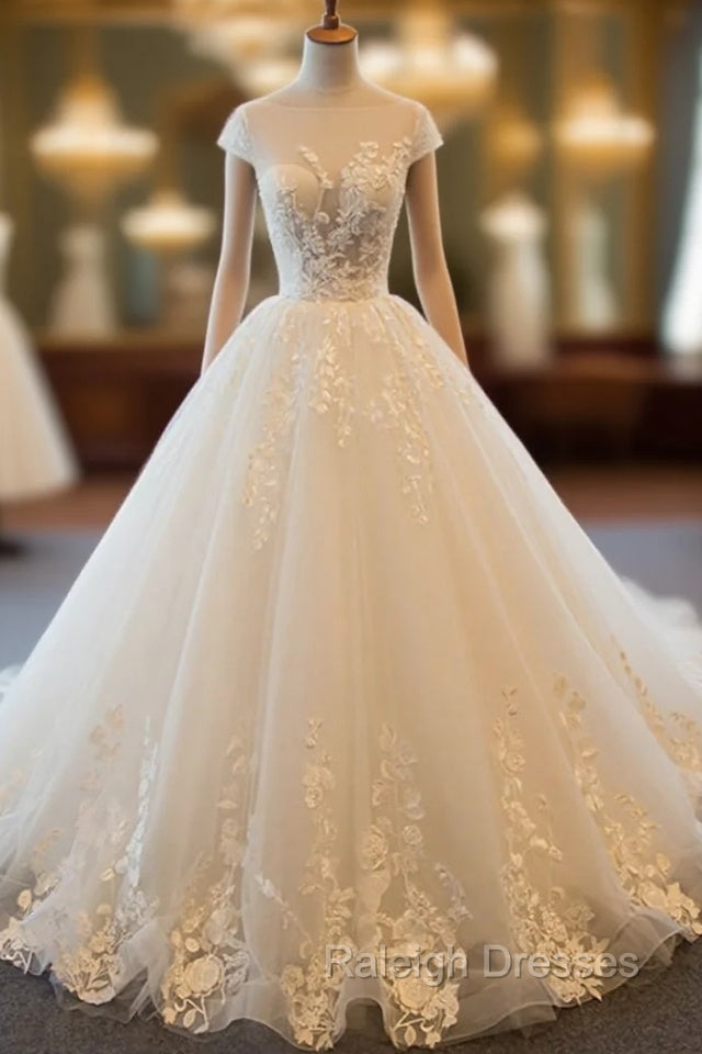Cap Sleeve Ball Gowns Tulle Bridal Gown Handmade Vintage Sheer Wedding Dresses