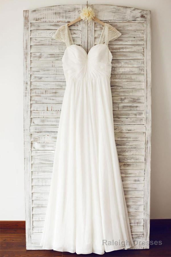 Cap Sleeve Floor Length Chiffon Pleated Wedding Dresses With Beading Main image