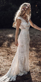 Cap Sleeve Sheath Boho Wedding Dress Vintage Lace Rustic Wedding Dresses
