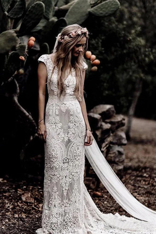 Cap Sleeve Sheath Boho Wedding Dress Vintage Lace Rustic Wedding Dresses