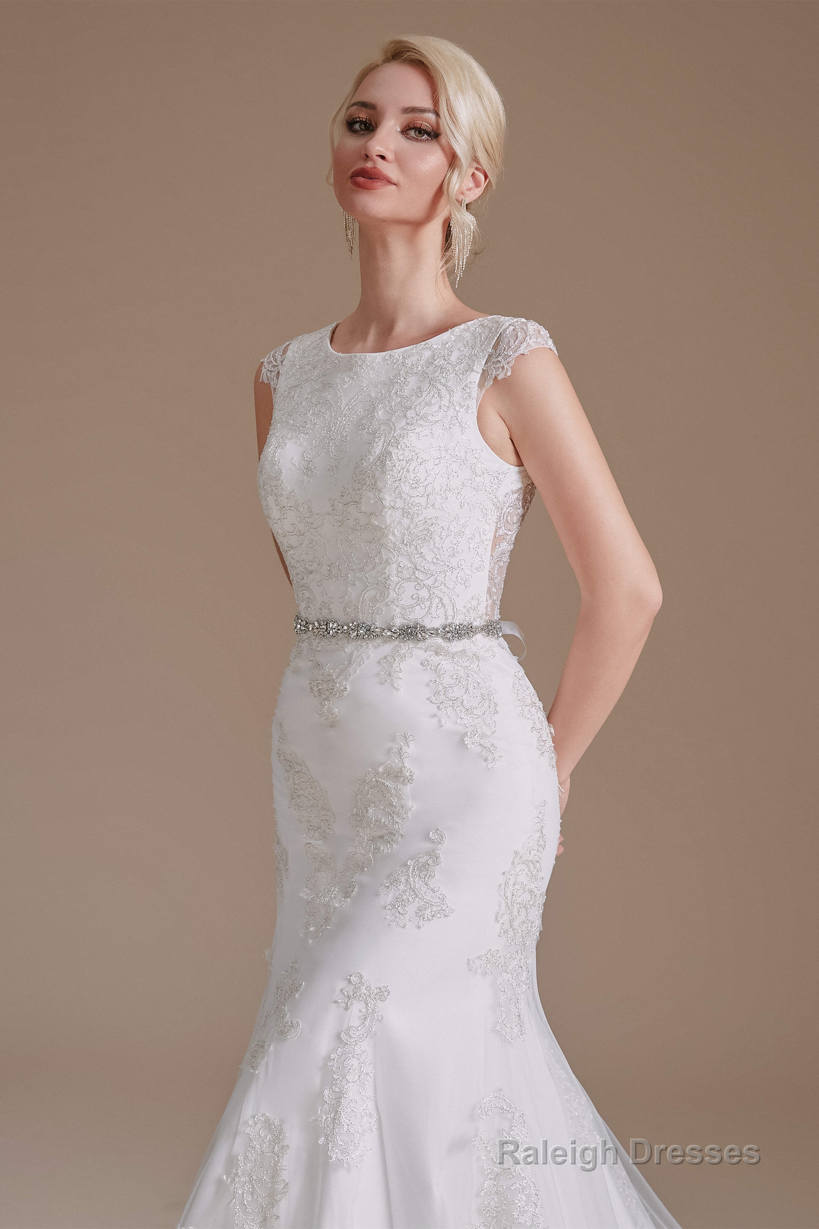 Cap Sleeve Sparkle Beaded Lace Appliques Gown Bow Sash Train Wedding dresses Main image
