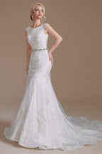 Cap Sleeve Sparkle Beaded Lace Appliques Gown Bow Sash Train Wedding dresses