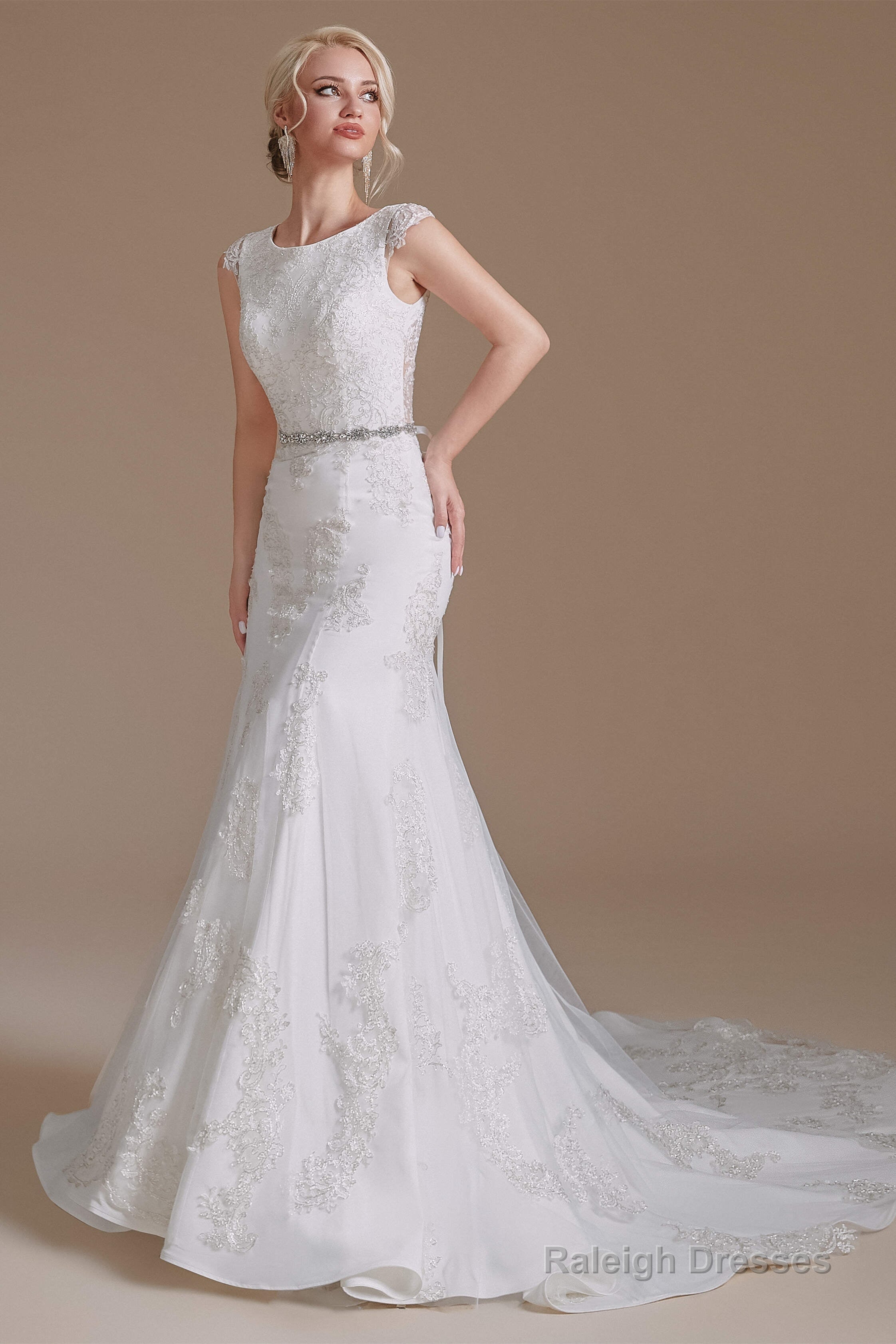 Cap Sleeve Sparkle Beaded Lace Appliques Gown Bow Sash Train Wedding dresses