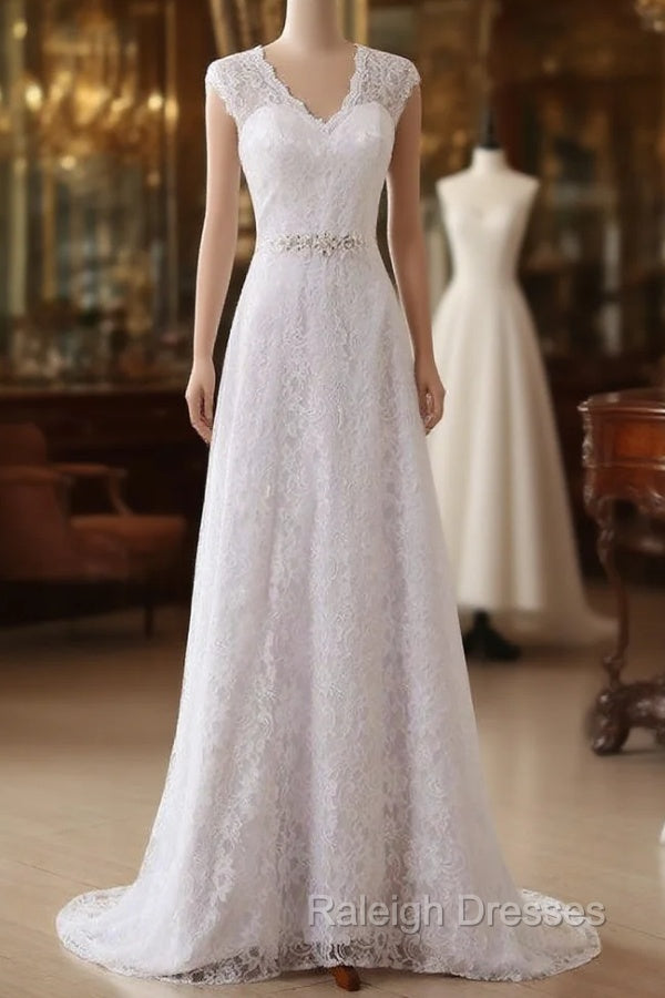 Cap Sleeve V Neck A Line Lace Beaded Sashes Wedding Dress
