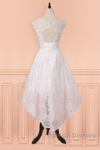 Cap Sleeves High Low White Lace Sheer Short Wedding Dress