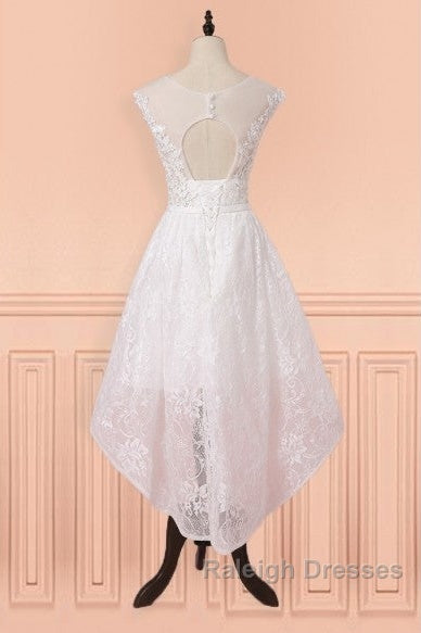 Cap Sleeves High Low White Lace Sheer Short Wedding Dress
