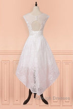 Cap Sleeves High Low White Lace Sheer Short Wedding Dresses