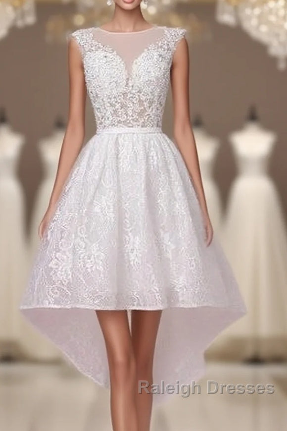 Cap Sleeves High Low White Lace Sheer Short Wedding Dress Main image