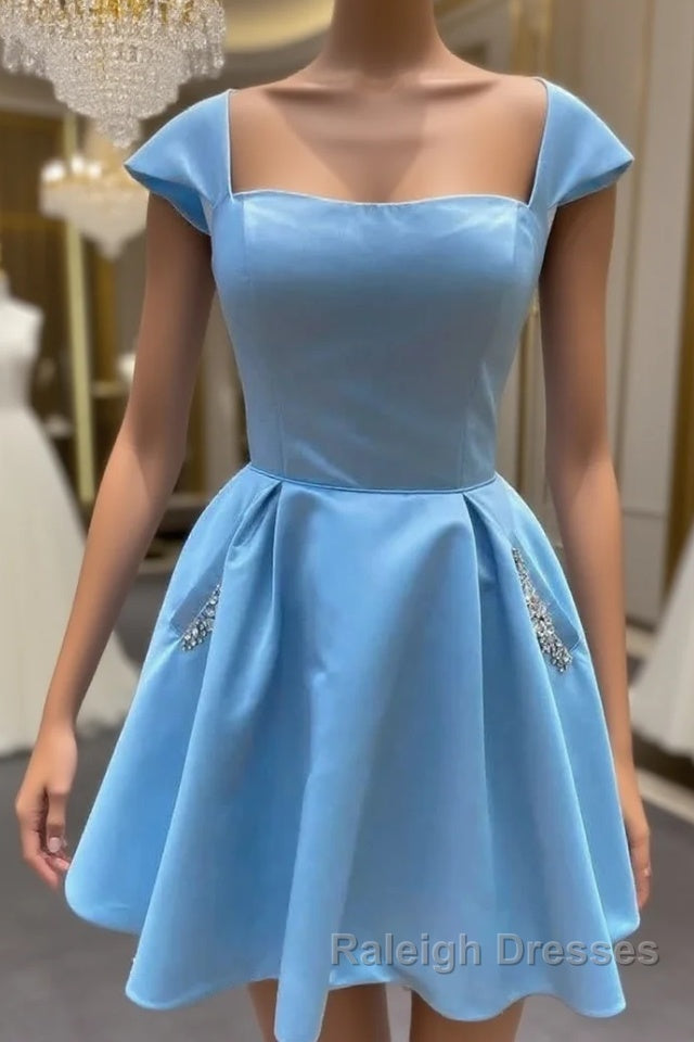 Cap Sleeves Light Sky Blue Satin Short Homecoming Dress With Beaded Bodice